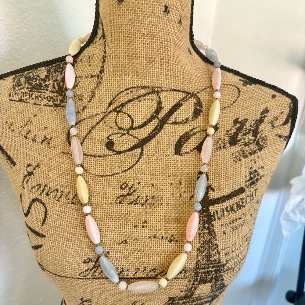 Vintage 80’s Neutral Pastel Acrylic Beaded Long Necklace Silver Spring Clasp